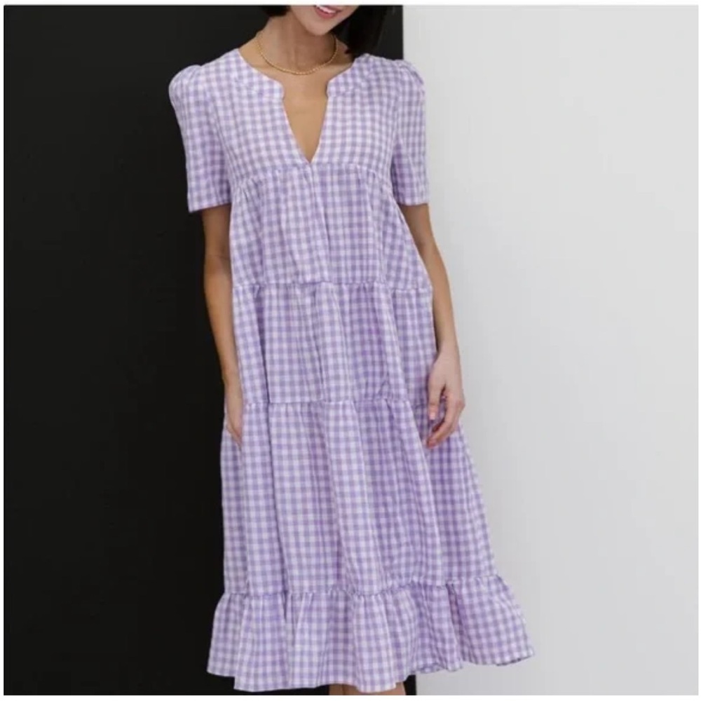 BiBi Lavender Gingham Tiered Midi Dress